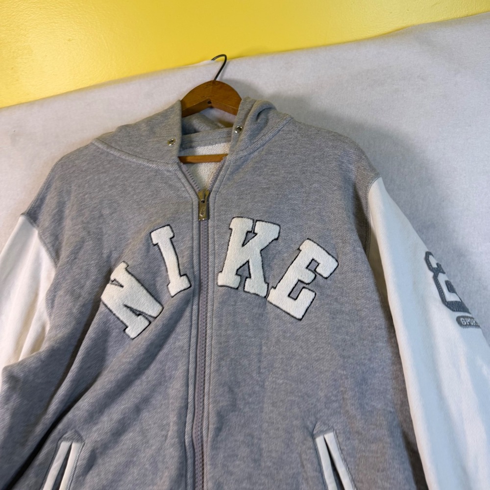 Nike‎ Sportswear Mens Grey White Varsity Full Zip Hoodie Chenille Logo Large